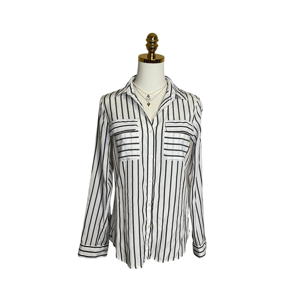 Express Womens XS Black White Striped‎ Embroidered Bird Love Button Down Shirt